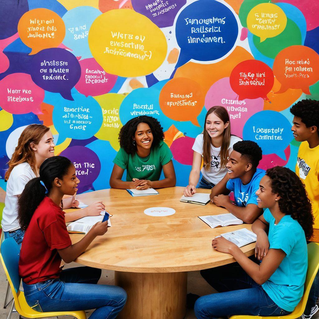 A dynamic scene depicting a diverse group of teenagers passionately discussing ideas around a circular table, with thought bubbles showcasing inspiring quotes, books, and digital devices. The background features a colorful mural of youth empowerment symbols and positive phrases. Bright and energetic, emphasizing collaboration and innovation. vibrant colors. super-realistic.