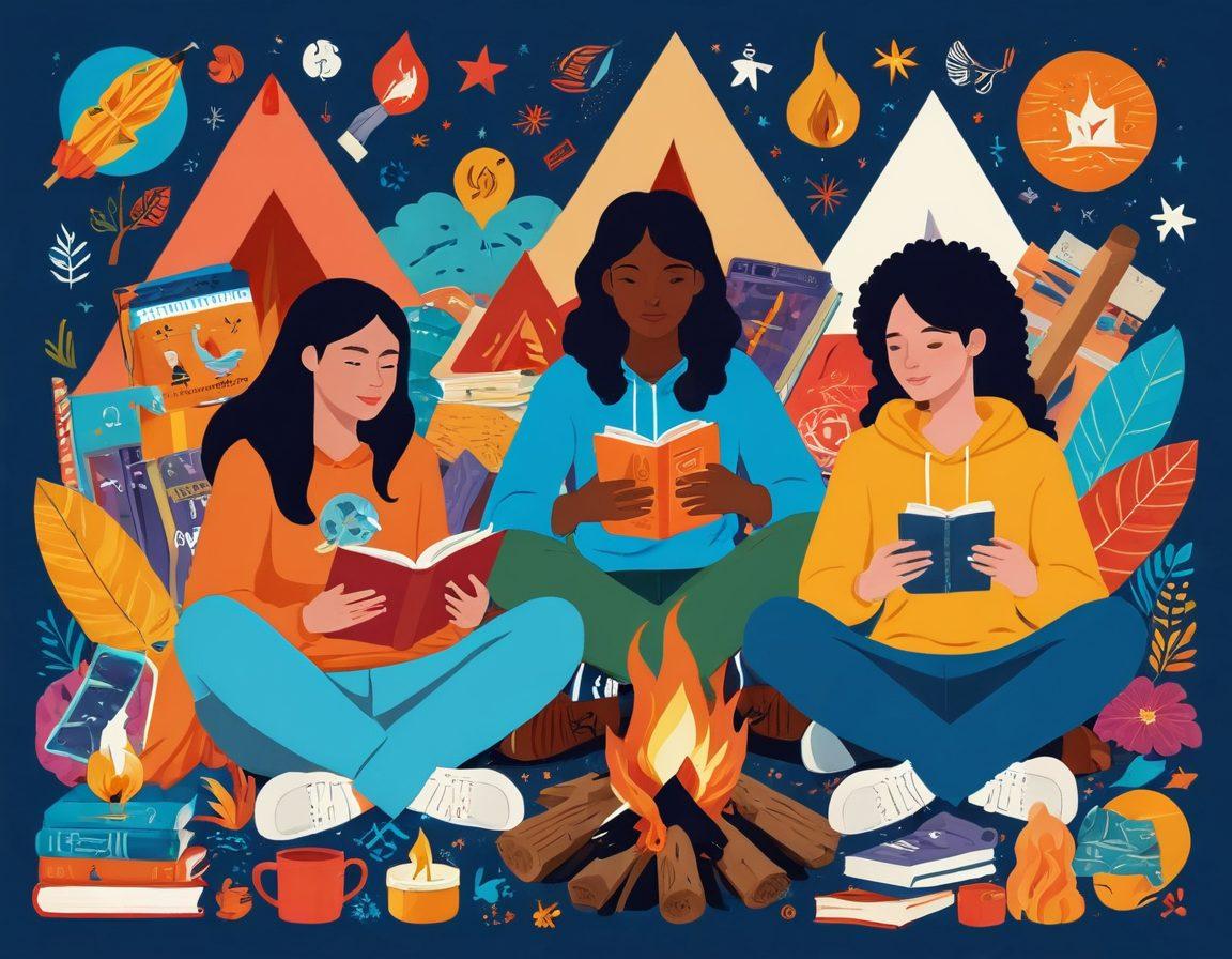 A vibrant collage showcasing diverse teenage experiences: a group of teens from different cultures sharing stories around a campfire, surrounded by symbols of their aspirations like books, musical instruments, and sports equipment. Incorporate elements representing modern challenges, such as digital devices and social media icons. Use bright colors to evoke energy and hope, with a dreamy, illustrative style. vector art. vibrant colors.