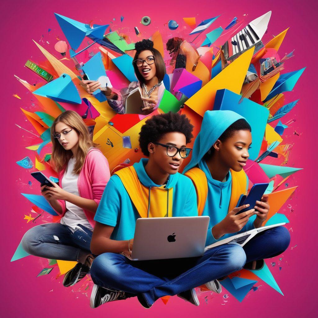 A vibrant collage depicting a diverse group of teenagers engaging in various activities such as studying, socializing, and exploring technology like smartphones and laptops. Include colorful elements that represent trends like fashion, music, and sports. Incorporate a backdrop of abstract paths and arrows symbolizing the journey through adolescence. Bright and energetic colors to convey the excitement and challenges of teenage years. 3D. vibrant colors.